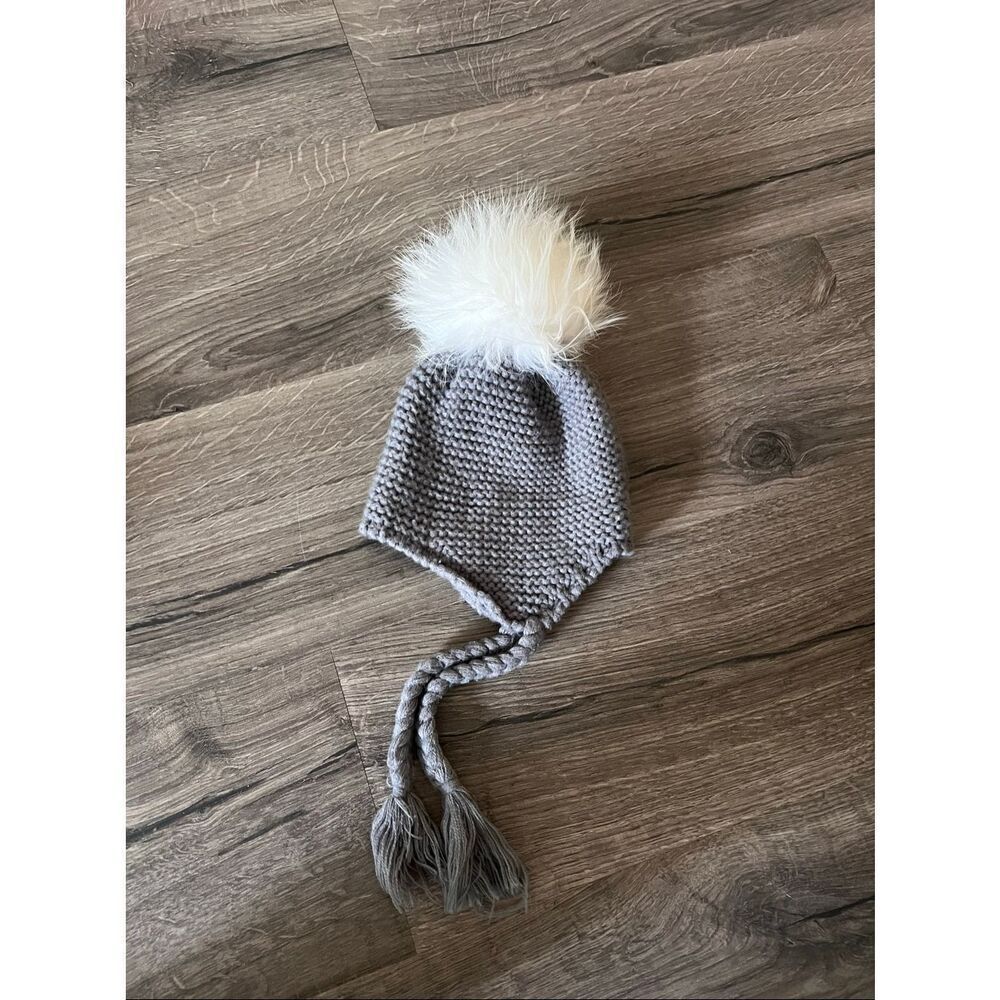 Girl Knitted beanie  with real fur rabbit pompom